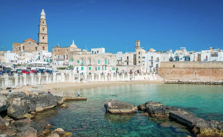 Wide shot of the harbor in Monopoli, Italy