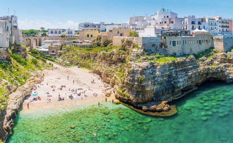 The Italian town of Polignano a Mare and its beach