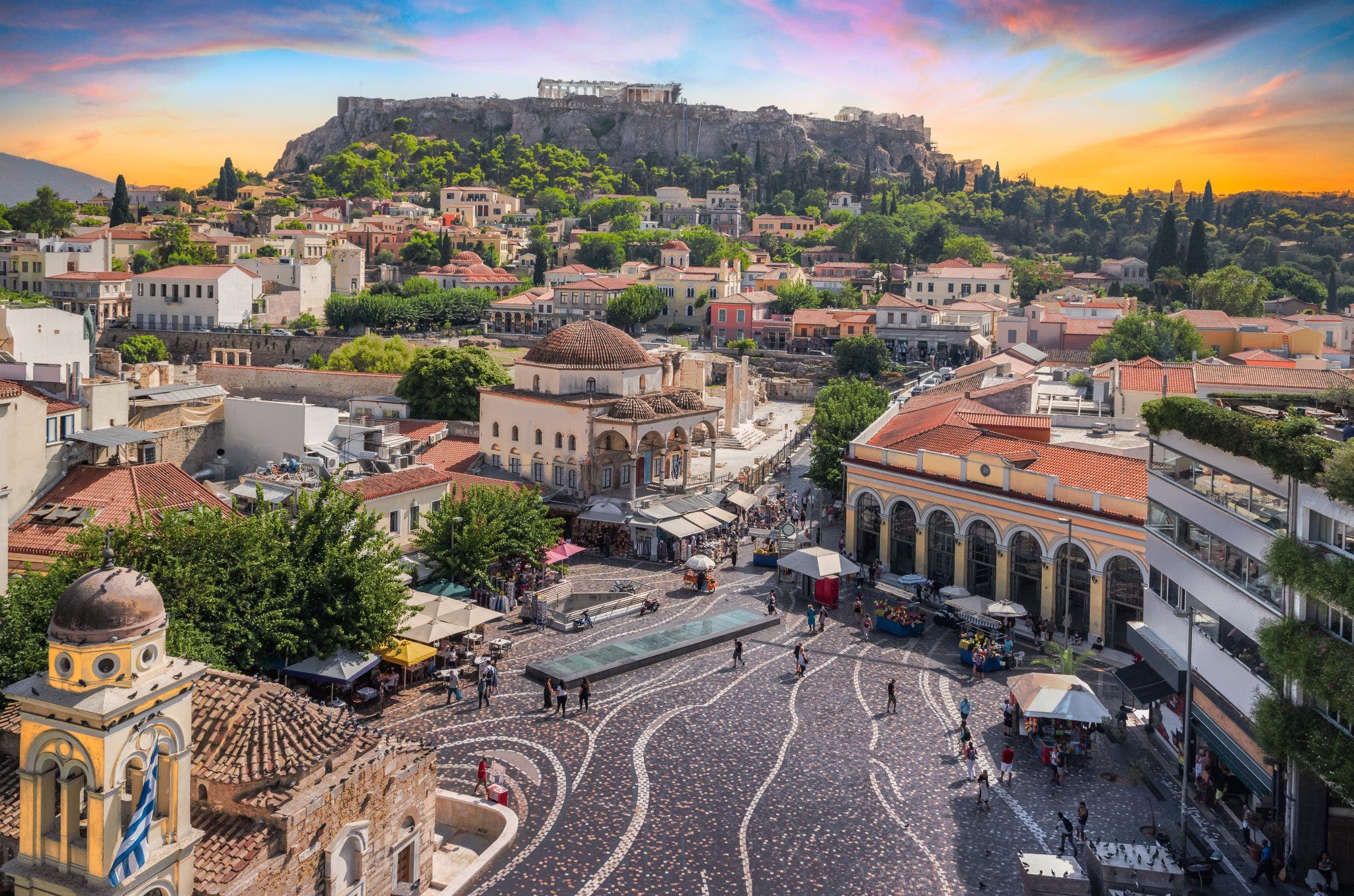 View of Monastiraki Square with the Acropolis in the background a must see stop on Athens cruise excursions
