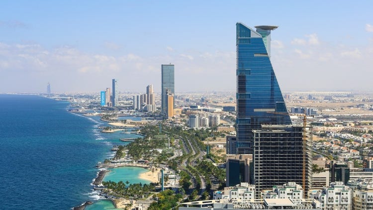 Aerial view of the cityscape along Jeddah&#39;s corniche in Saudi Arabia