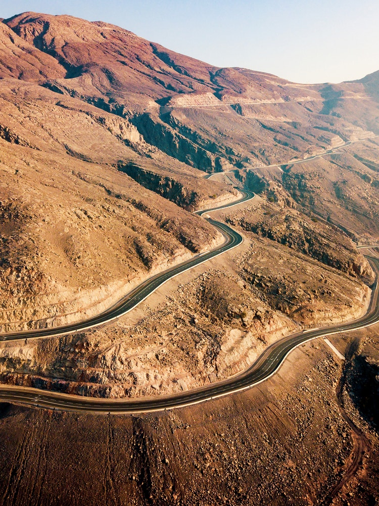 An aerial photograph of the hilly roads in the United Arab Emirates