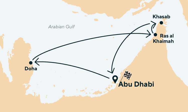 A map showing the 7 Night Iconic Arabia - Abu Dhabi Race Weekend as an alternative cruise to the 8 night Qatar Race Weekend &amp; Desert Days Cruise itinerary