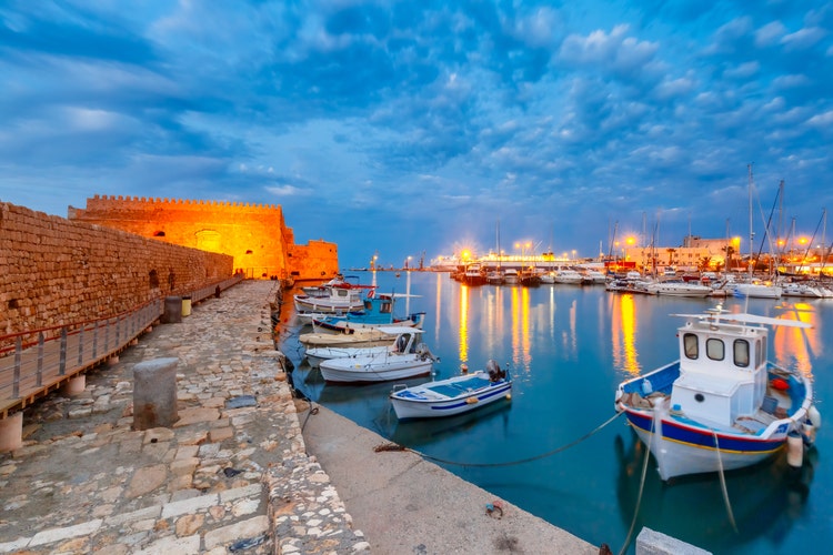 The harbor in Heraklion, Crete, at night