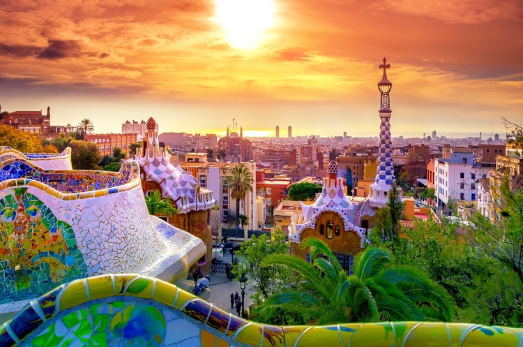 Rooftop view of the city of Barcelona from the Gaudi museum, Barcelona, Spain