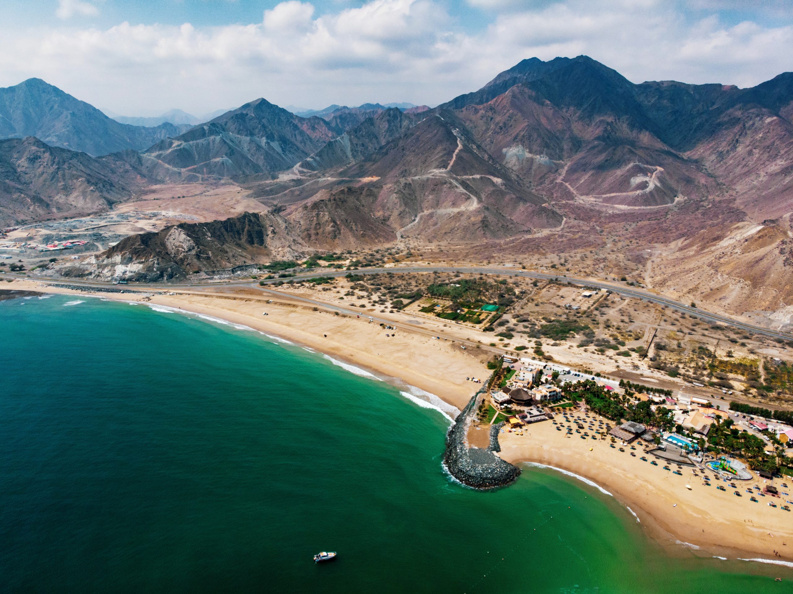 Aerial view of sandy beach emirate of Fujairah in the UAE